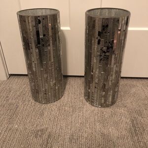 2 tall silver mirrored decorative vases